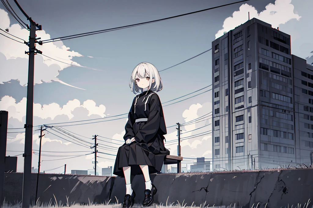 solo, 1girl, Spot colors, Monochrome, Looking at the viewer ,Outdoor, Grass, null, landscape, cloud, solo, Sitting, Power lines, wood, Day没, Electric pole, skirt, shoes, 曇りnull, Long sleeve, 青null, fence, Wide Shot, Day, Silver-white hair, building