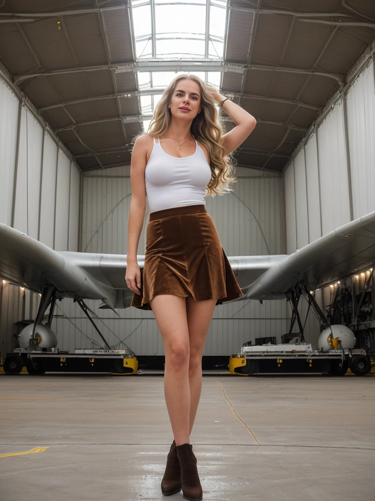 solo, photorealistic, wide shot, best quality, hyper detailed, 25 years old Circasssian woman, mature-looking face, boobies, high detailed deep wrinkles, beauty mark, intricate, (((long wavy blonde hair))), Circassian facial features, (((she stood seductively at the edge of the hangar, surrounded by the scent of aviation fuel and the echoes of distant engines. The vast space stretched out before her, filled with the hum of activity and the occasional clang of tools. The hangar doors were wide open, revealing a panorama of clear skies beyond. Her gaze was fixed on the sleek, silver aircraft parked in the center. Its wings gleamed under the fluorescent lights, and the cockpit windows reflected the hues of the setting sun. Her hand rested lightly on the cold metal of the hangar wall, feeling the vibrations of a nearby aircraft starting up.))), (((she is wearing a color brown corduroy jump skirt that perfectly blended comfort with style. The deep brown color of the skirt complemented the summer vibes of the day, offering a fresh take on a classic fabric. She paired it with a fitted white tank top that accentuated her figure, allowing the skirt's A-line cut to flow elegantly around her legs.))), (((dynamic pose))), she is looking at the camera smiling, (((dynamic pose))), cleavage