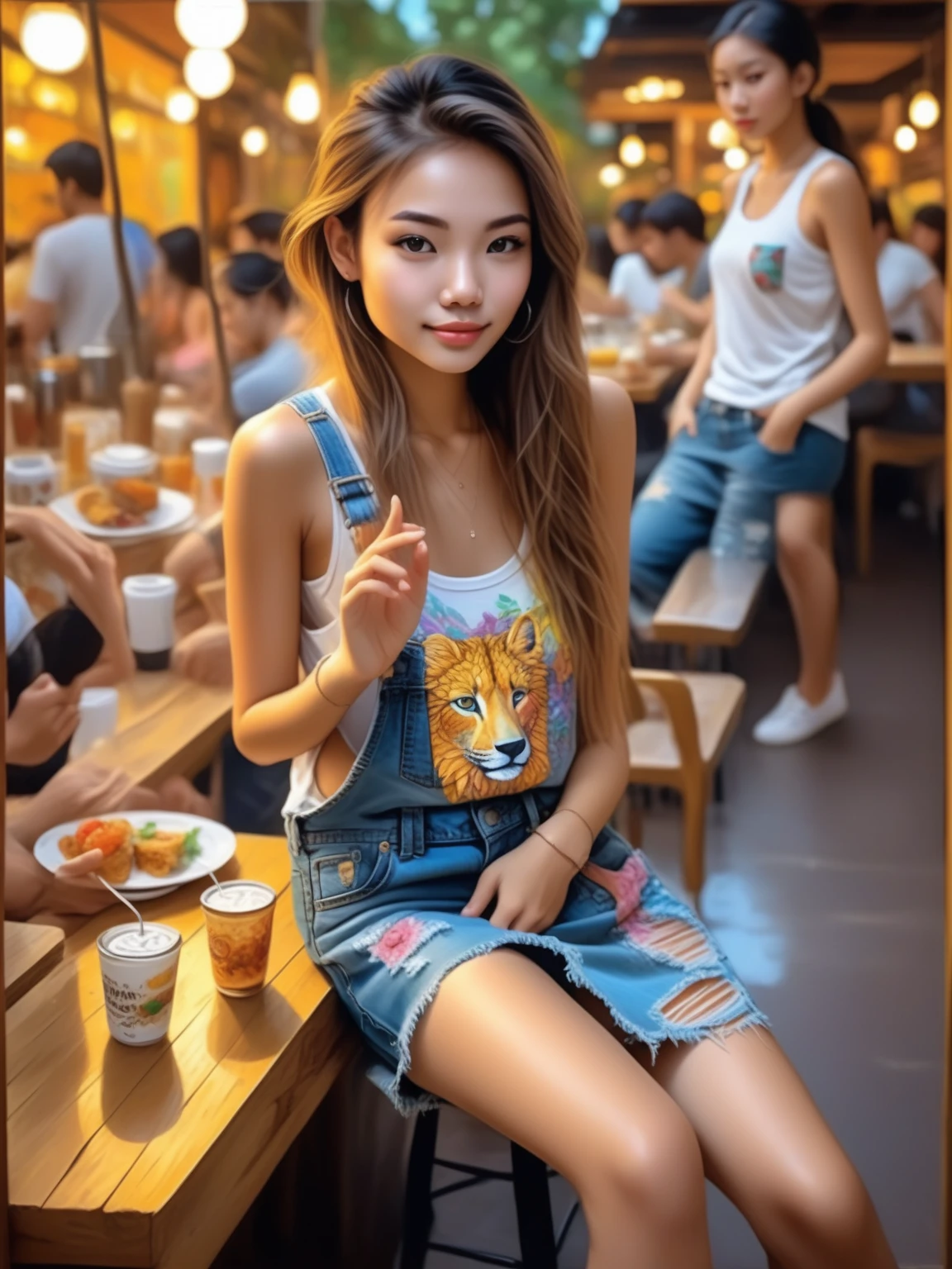 a pretty young woman in a cafeteria, wearing a singlet and denim cargo skirt, sitting, detailed facial features, intricate clothing textures, warm lighting, acrylic painting style, vibrant colors, 8k, highly detailed, masterpiece