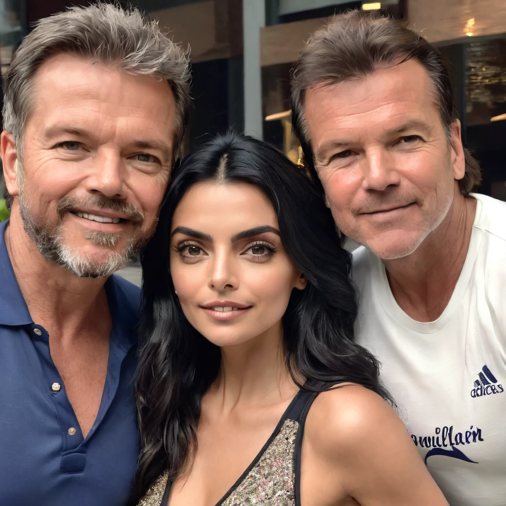Ayslinn Derbez is 25 years old and Lothar matthäus is 35 years old, she have long hair, they are happy, they are wearing sport clothes, romantic, they are going to hotel, night, romantic