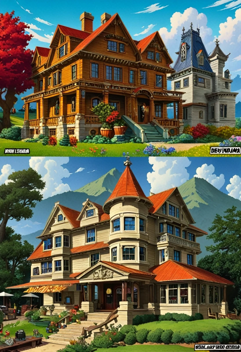 Practical, real life, Beautiful old colonial large house on the hill, Laurie Greasley style, Studio Ghibli, Akira Toriyama, James Girard, Genshin Impact, pixiv fan box trend, spatula de acrylic, 4K, Vibrant colors, devinert, Trend at Artstation