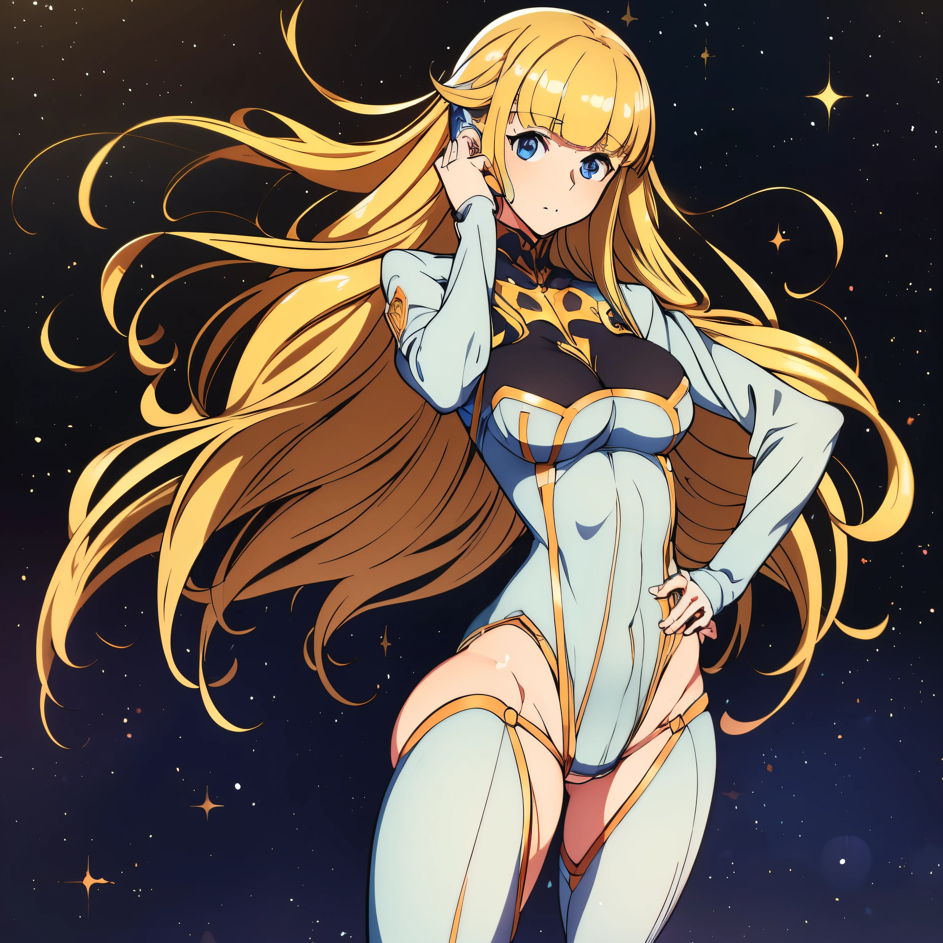 ultra-detailed, Explicit, Beautiful body, Beautiful Nose, Beautiful character design, perfect eyes, perfect face, ultra highres, 4K, beautiful legs, perfect legs, Nice hands, Perfect hand, Masterpiece, Best Quality, Highly detailed, illustration, absurdres, perfect anatomy, BOOTS, THIGH BOOTS, BODYSUIT, LEOTARD, HEADSET, absurdres, highres, solo, cowboy shot, 1girl, perfect hands, wind, (highres,best_quality,masterpiece), hair ornament, large breast, huge breast, long hair, blonde hair, pointy sidebangs, blue eyes, ass, from back, from behind, looking from back, view from back