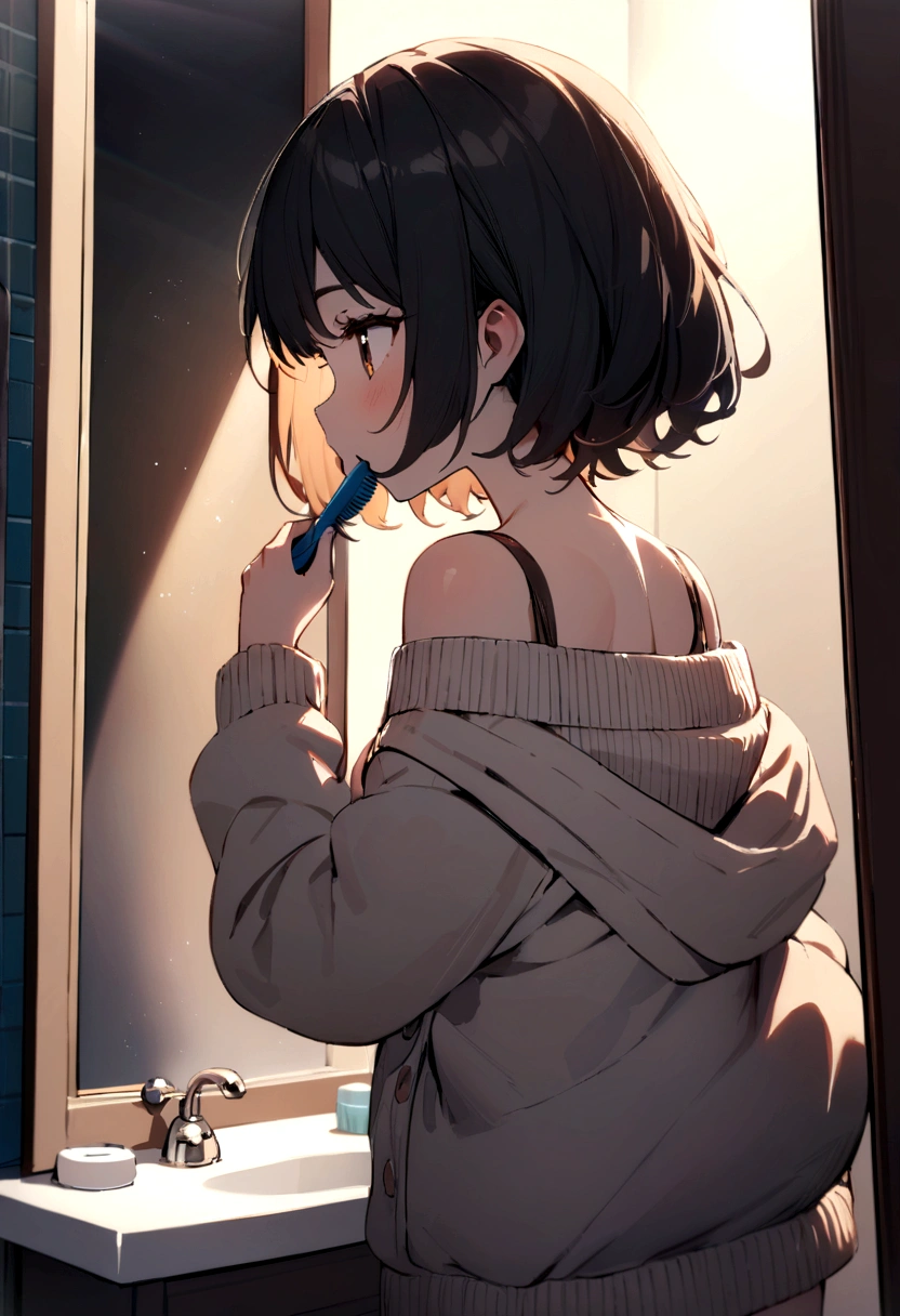 ((best quality)), ((masterpiece)), (detailed), 1girl, off-shoulder sweater, Short girl with messy short hair wearing a hoodie jacket. Brushing her teeth facing the mirror.  In bathroom