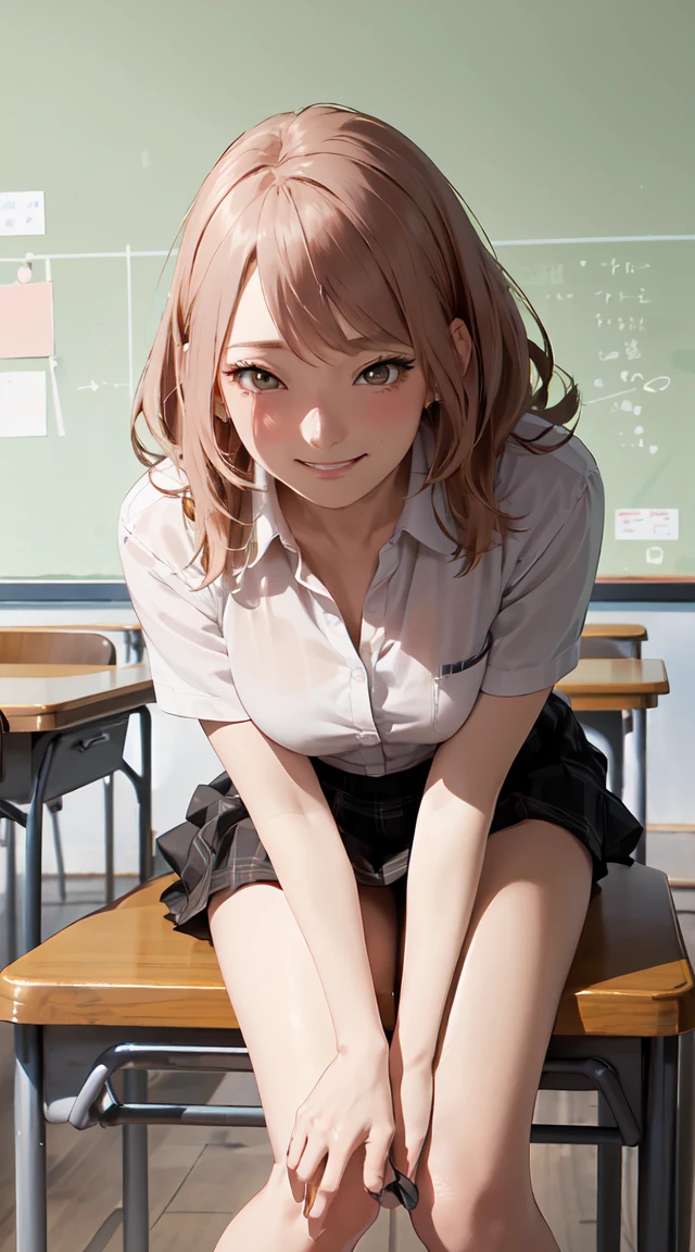 ((table top, highest quality, High resolution, nffsw, perfect pixel, 4k, nffsw, nffsw))), 1 girl, single, alone, beautiful woman、I could see the whole body、 ((short wavy hair, bangs, brown hair)), ((brown eyes, beautiful eyelashes, realistic eyes)), ((detailed face, blush:1.2)), ((smooth texture:0.75, realistic texture:0.65, realistic:1.1, Anime CG style)), medium breasts, dynamic angle, perfect body, ((school uniform, white shirt, black skirt, unbuttoned shirt、plaid skirt、not wearing shoes、white socks)), classroom without people、sit at desk、..、evening、、、Very embarrassing panic smile、(lift the skirt with your right hand、open your legs、open your knees wide、pussy line, pussy)、、(pink lace bra)、angle from below,
