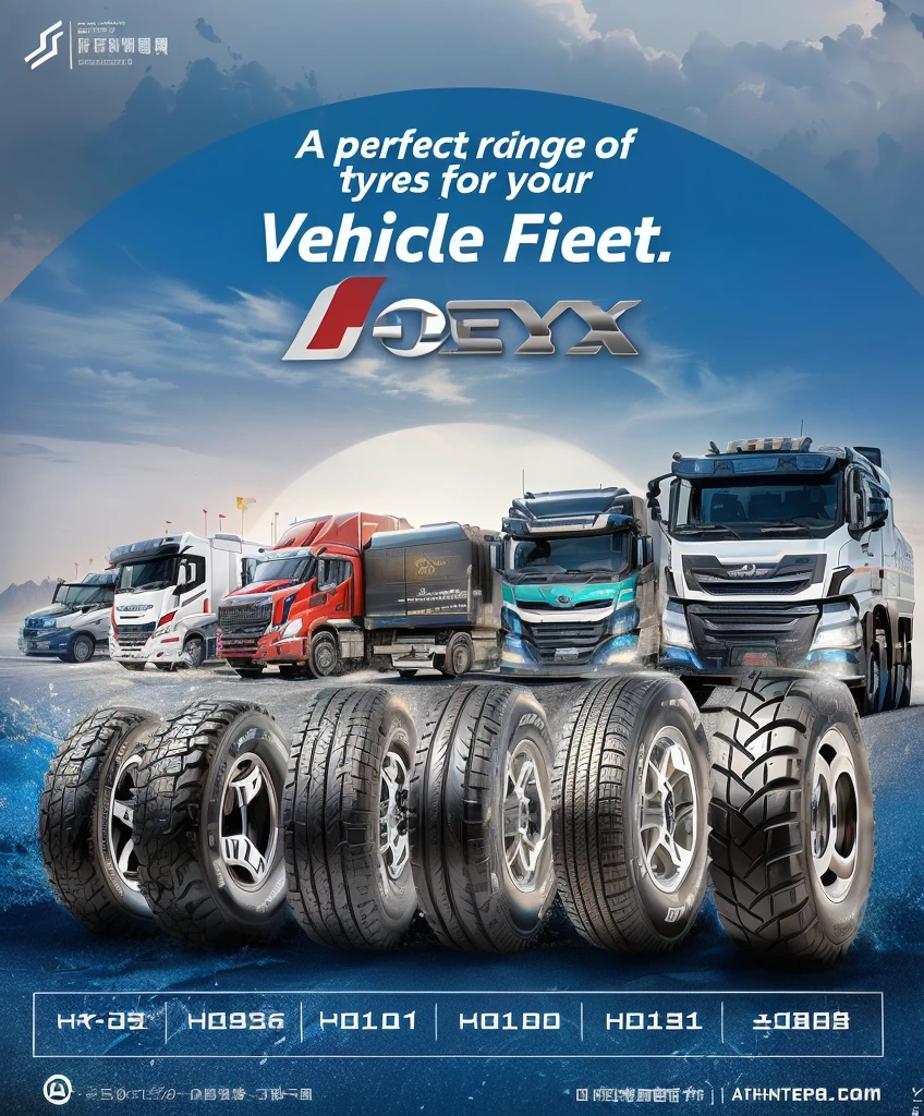 a poster advertising of vehicles tyre for the china truck company, tire, 1x, steady look, new design, onyx brand, colour, apex, wheels, new vehicle, teaser, truck, feature, easy, by John Luke, thumbnail, online, wheel, loftis, superior look, composite, promo, vibrant and dynamic, attractive features, tyre mark