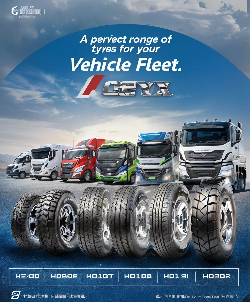 a poster advertising of vehicles tyre for the china truck company, tire, 1x, steady look, new design, onyx brand, colour, apex, wheels, new vehicle, teaser, truck, feature, easy, by John Luke, thumbnail, online, wheel, loftis, superior look, composite, promo, vibrant and dynamic, attractive features, tyre mark