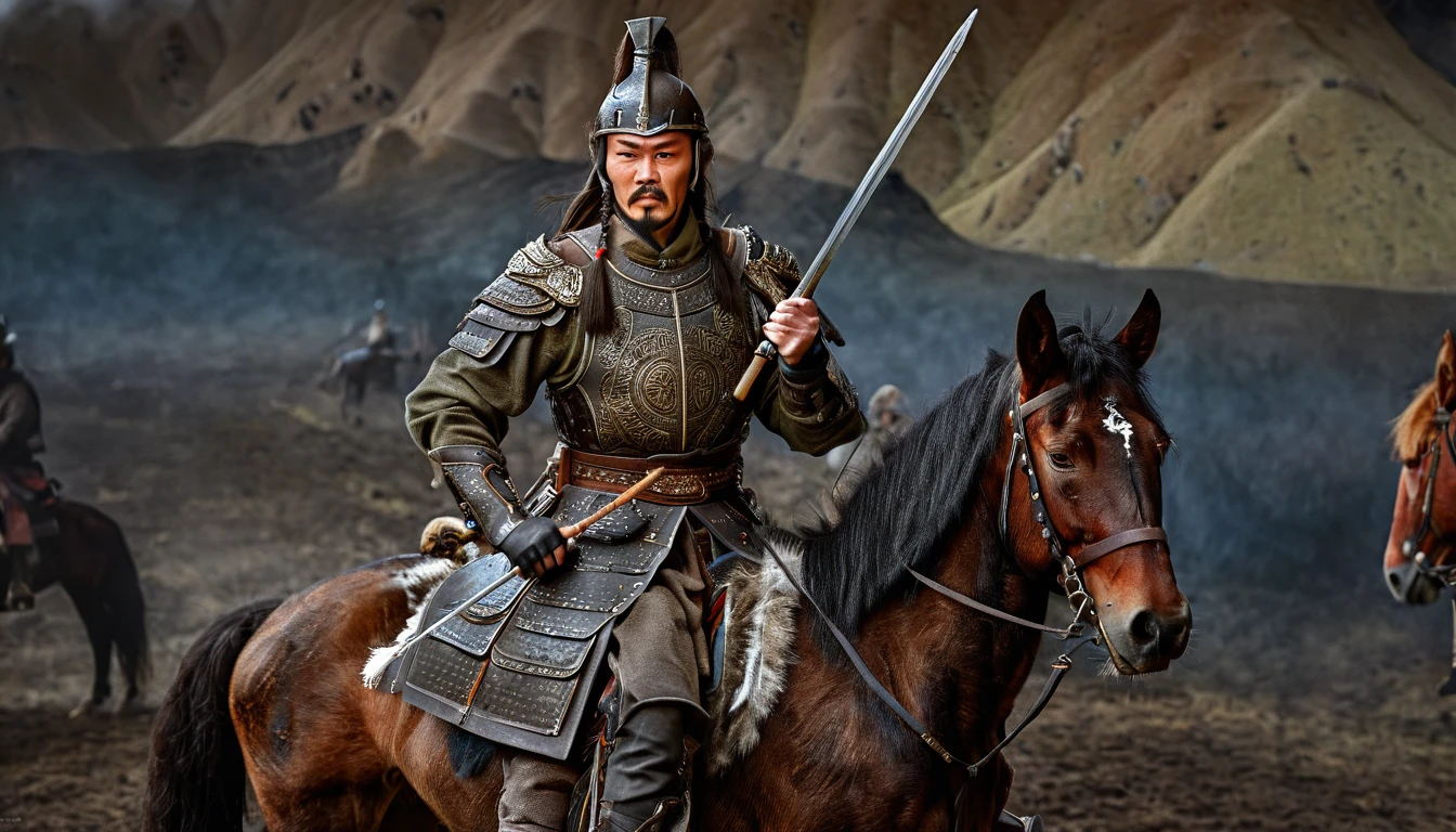 General Kraus, Wearing leather armor、Brown leather protective gear，Holding a Mongolian scimitar, Highly detailed characters, Mongolian man with high cheekbones，Clear and refined face，Mongolian Cavalry，The generals of the Ming Dynasty had white tassels or feathers on their helmets，Norse epic hero, Muscular man with war god tattoo, Riding on horseback, Portrait photography style，Light, (Extremely detailed CG 8k wallpaper), The most beautiful works of art in the world - full body photos, original皮甲, Mongolian small shield，Human Portrait, hunter, Animal hides，brutal，original, macho man, Ed Blinkey (Ed Blinkey) Magnificent professional oil paintings created, Artie Guerlain, Studio Ghibli, Courtesy of Jeremy Mann, Greg Manches, Antonio Moro, Art Station Trends, Social Trends, Wheels within wheels, High Detail, sharp focus, Dramatic and realistic art by Midjourney and Greg Rutkowski, Horse has armor，Charge and Slash