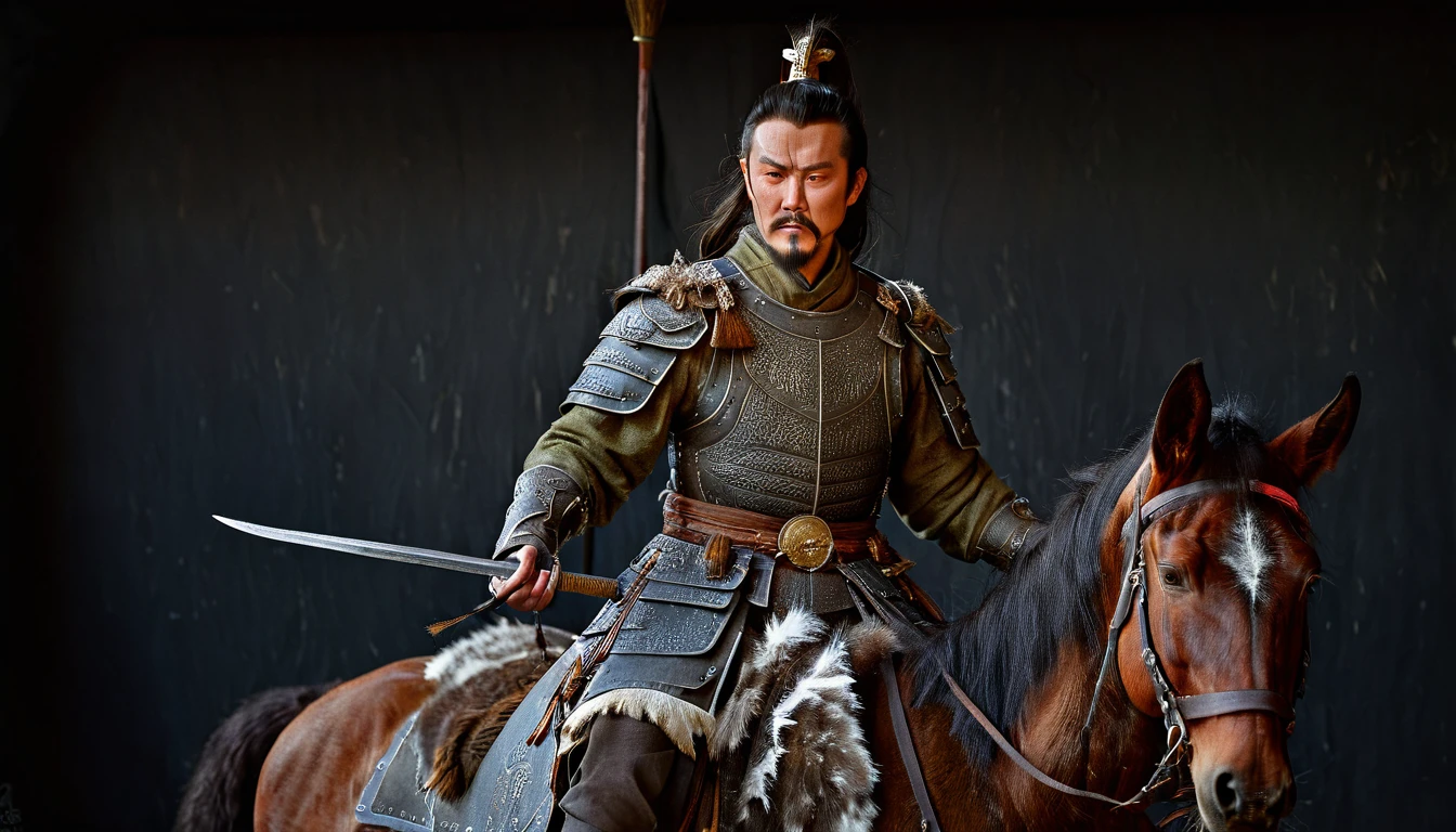 General Kraus, Wearing leather armor、Brown leather protective gear,Holding a Mongolian scimitar, Highly detailed characters, Mongolian man with high cheekbones,Clear and refined face,Mongolian Cavalry,The generals of the Ming Dynasty had white tassels or feathers on their helmets,Norse epic hero, Muscular man with war god tattoo, Riding on horseback, Portrait photography style,Light, (Extremely detailed CG 8k wallpaper), The most beautiful works of art in the world - full body photos, original皮甲, Mongolian small shield,Human Portrait, hunter, Animal hides,brutal,original, macho man, Ed Blinkey (Ed Blinkey) Magnificent professional oil paintings created, Artie Guerlain, Studio Ghibli, Courtesy of Jeremy Mann, Greg Manches, Antonio Moro, Art Station Trends, Social Trends, Wheels within wheels, High Detail, sharp focus, Dramatic and realistic art by Midjourney and Greg Rutkowski, Horse has armor,Charge and Slash