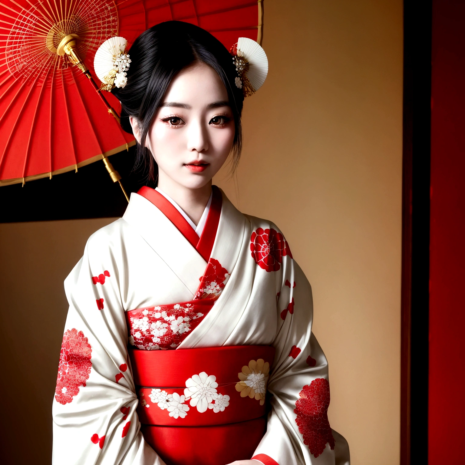 A gorgeously decorated maiko,She is a very elegant and beautiful 25-year-old woman..,Her Japanese hairstyle is beautifully decorated,Red and white traditional kimono