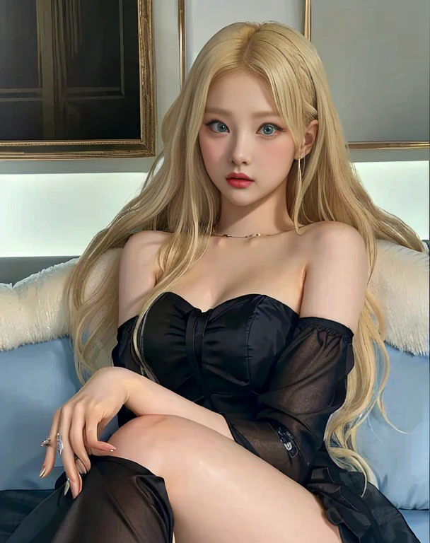 woman in a black dress sitting on a sofa with light blue eyes, korean girl, with long blonde hair Beautiful young Korean woman, jaeyeon nam, ulzzang, heonhwa choe, beautiful south korean woman, A girl with blonde hair, long blonde hair and big eyes, long blonde hair and big eyes, roseanne park by blackpink, kim taejin