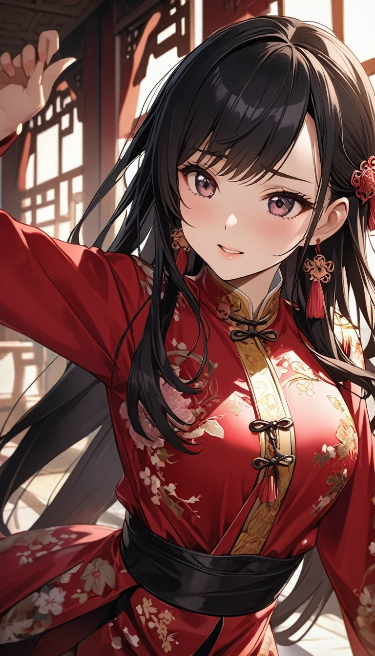 A tragic historical drama in 8k live-action style: Beautiful palace secrets　Beautiful Chinese Kung Fu Princess with long black hair having sex　Gorgeous embroidery, Ultra glossy, She is wearing a shiny red top and bottom long sleeve floral pajama kung fu suit....　　She&#39;s crying