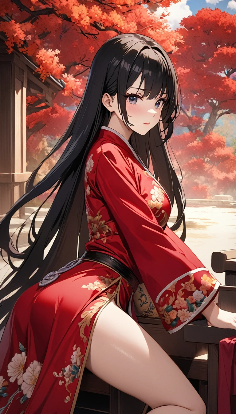 A tragic historical drama in 8k live-action style: Beautiful palace secrets　Beautiful Chinese Kung Fu Princess with long black hair having sex　Gorgeous embroidery, Ultra glossy, She is wearing a shiny red top and bottom long sleeve floral pajama kung fu suit....　　She&#39;s crying