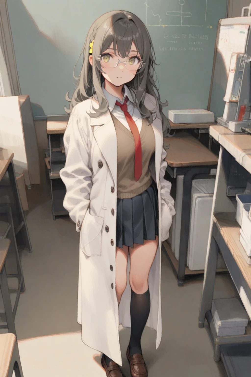 1girl, solo, futaba rio, seishun buta yarou, flameless eyewear, large breasts, skinny, , tegaki, white labcoat, brown blazer, white shirt, red necktie, pleated skirt, black high socks, loafers, full body, in school physics laboratory, long table with black top, standing, masterpiece, best quality, very aesthetic, absurdres, highly detailed