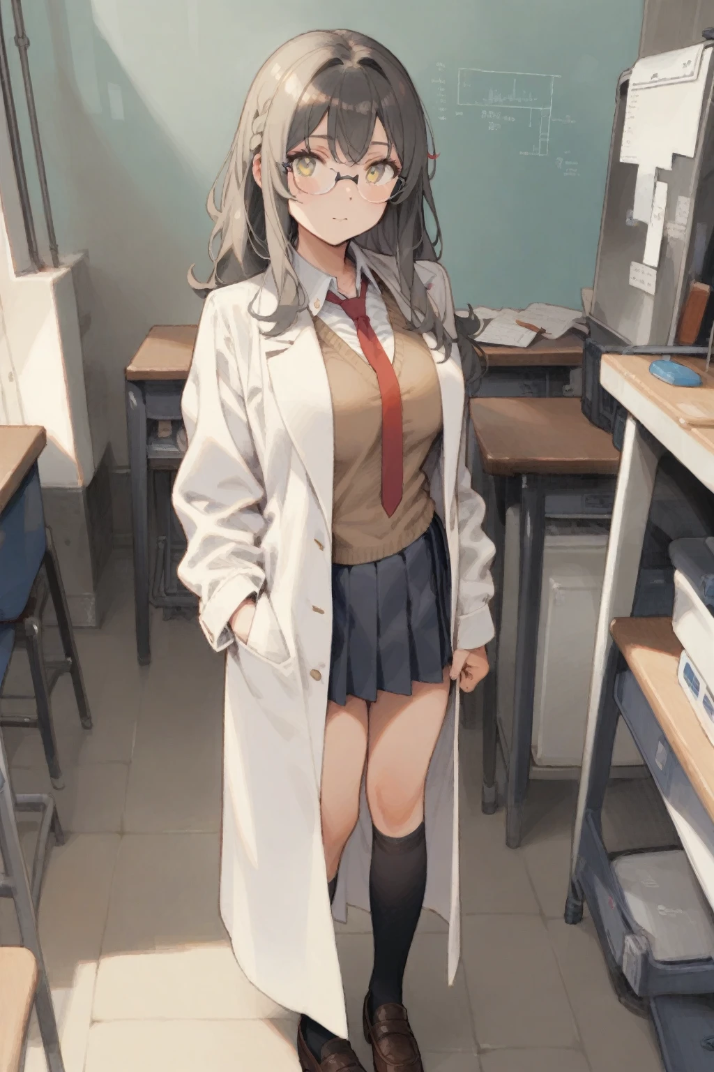 1girl, solo, futaba rio, seishun buta yarou, flameless eyewear, large breasts, skinny, , tegaki, white labcoat, brown blazer, white shirt, red necktie, pleated skirt, black high socks, loafers, full body, in school physics laboratory, long table with black top, standing, masterpiece, best quality, very aesthetic, absurdres, highly detailed