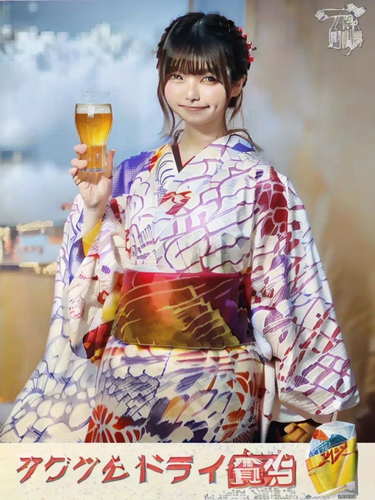 there is a woman beer in hand glass in her hand, classy yukata, Beer Advertising, yukata, In kimono, wearing a haori, Japan in the 1990s, Japanese Kimono, liquor, beer in hand!!, Japanese women, Japanese Model, Japanese style, Have a beer, Yasumoto Oka, In kimono, eiko ishioka