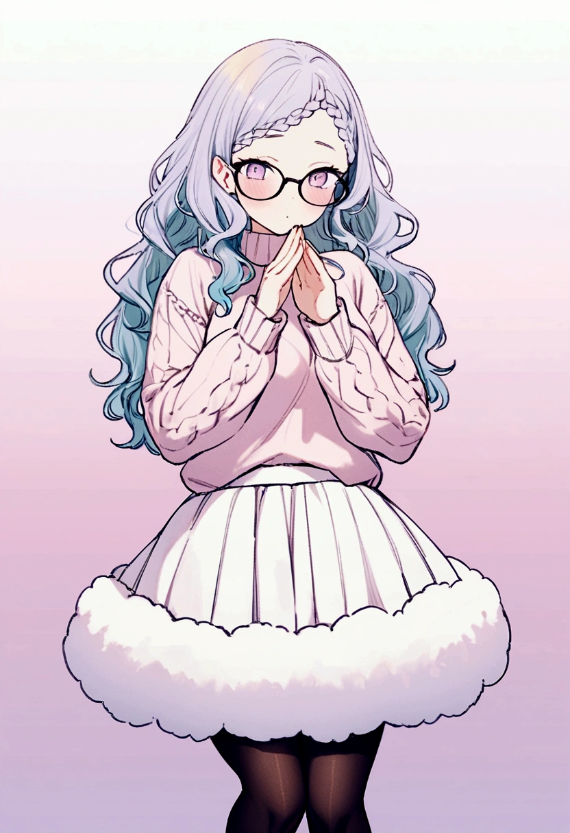 best quality, 32k, RAW photo, incredibly absurdres, extremely detailed, delicate texture, cute woman, glasses, braided bangs wavy hair, wearing fluffy long-pile knit sweater, fluffy skirt, skirt lift, pantyhose, fluffy long boots, amorous and lewd expression, superlative body proportion, shy person, shy gesture, background iridescent pastel color