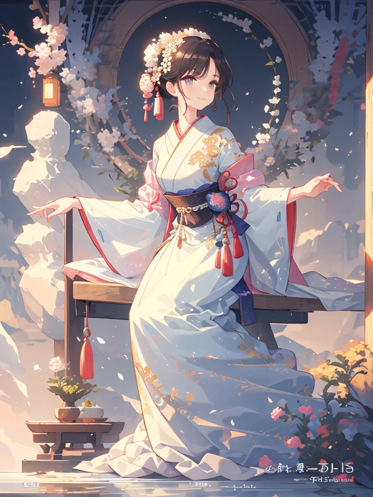 A beautiful woman in traditional Japanese attire, viewed from slightly behind, with a serene and gentle smile. She has a chignon updo hairstyle adorned with flowers and traditional hair accessories. The background features a mystical, foggy mountain landscape with soft sunlight filtering through the mist. The overall atmosphere is serene and captivating, emphasizing the beauty and elegance of the traditional attire and the peaceful natural setting.