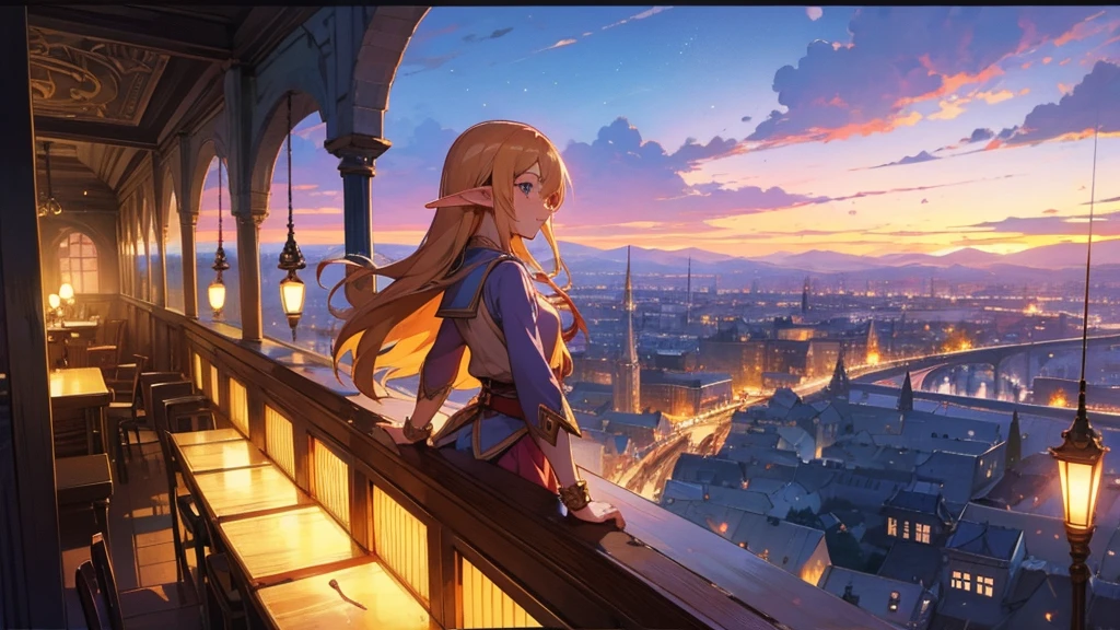 Anime Style,Nostalgic,Detailed background,Magical World,A lively bar with lots of people,Beautiful sky,Beautiful Elf with a Bard&#39;s Smile,guitar,Large Breasts,Healthy thighs