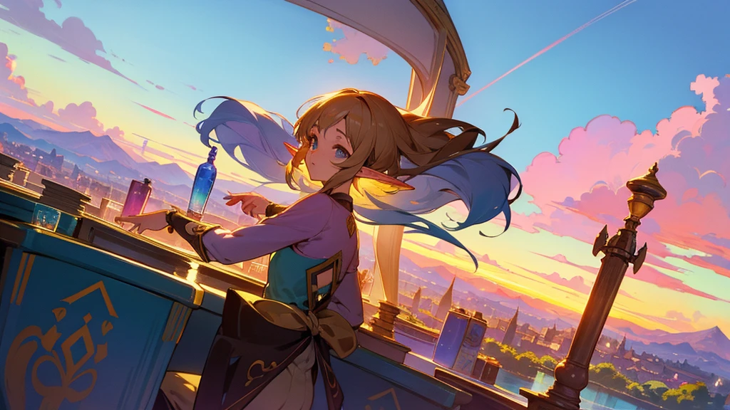 Anime Style,Nostalgic,Detailed background,Magical World,A lively bar with lots of people,Beautiful sky,Beautiful Elf with a Bard's Smile,guitar,Large Breasts,Healthy thighs