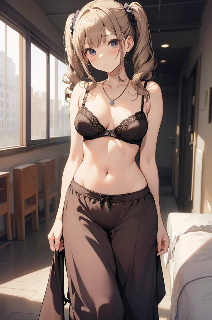 masterpiece, Highest quality, Cute Mature Woman,Small breasts that are just beginning to grow, Scrunchie hair ornament, Twin tails,Large areola,Nipples,hoodie,necklace, skinny , Nipples,(Nipplesが透けて見える)), (good:1.3), (lingerie,Culottes:1.3),Nylon Fabric