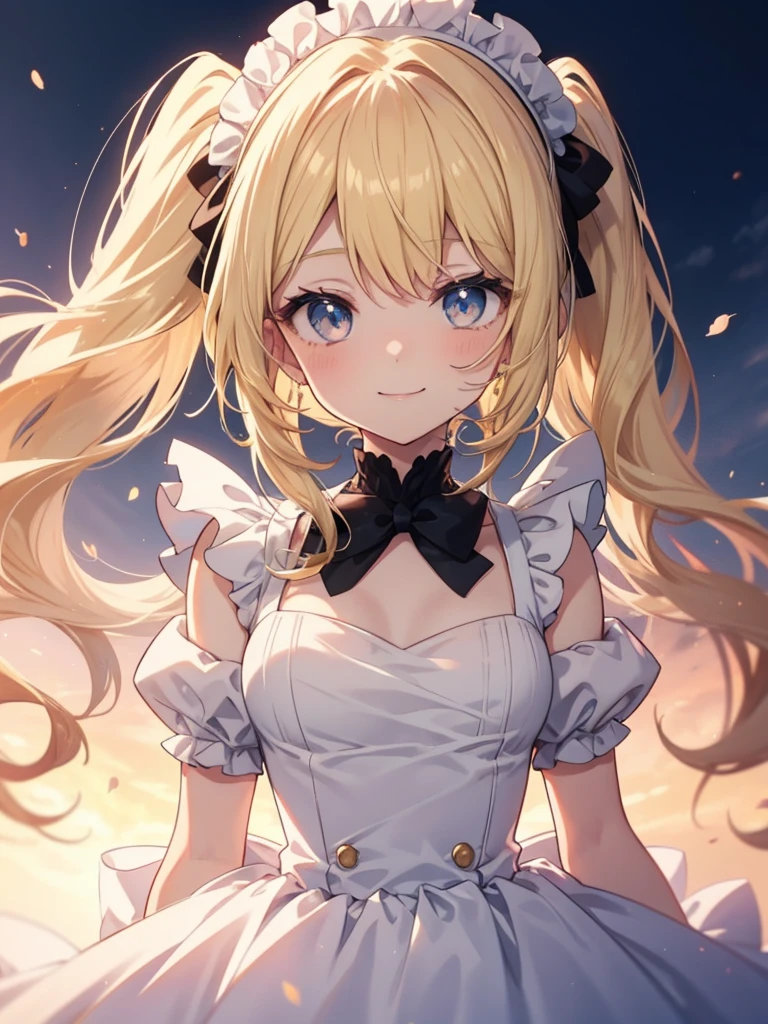 Anime girl, wearing adorable white roy ball gown, long wavy mini pigtails blonde hair, wearing maid headband All-white, smile expression, looking at the viewer, golden hour vibe.
