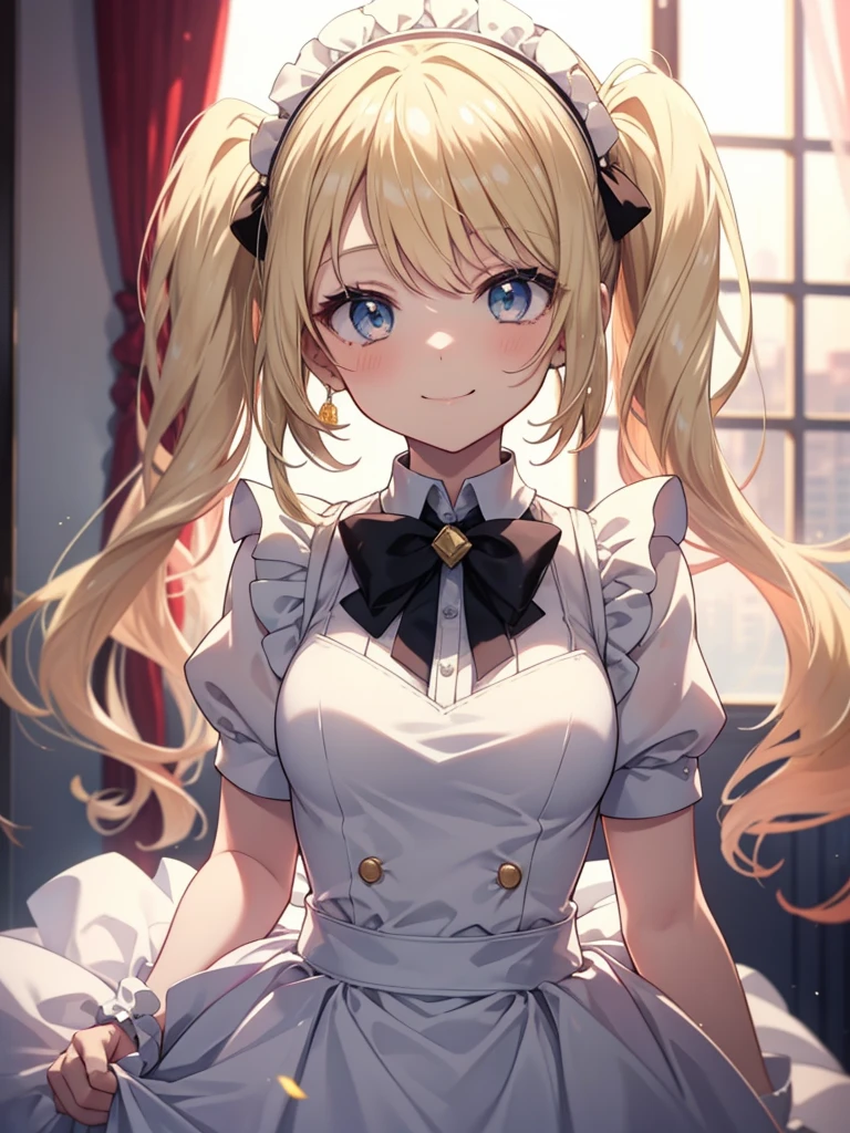 Anime girl, wearing adorable white roy ball gown, long wavy mini pigtails blonde hair, wearing maid headband All-white, smile expression, looking at the viewer, golden hour vibe.