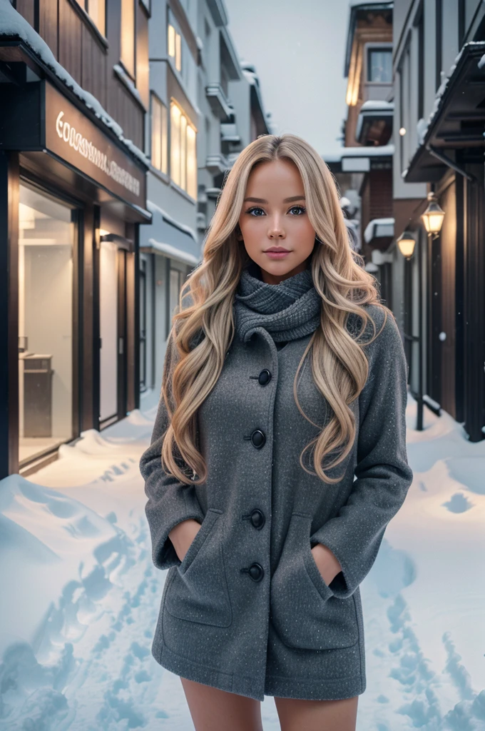 professional portrait photograph of a gorgeous Norwegian animes in winter
clothing with long wavy blonde hair, sultry flirty look, gorgeous symmetrical face, cute natural makeup, wearing elegant warm winter fashion clothing, ((standing outside in snowy city street)), stunning modern urban environment, ultra realistic, concept art, elegant, highly detailed, intricate, sharp focus, depth of field, f/1. 8, 85mm, medium shot, mid shot, (((professionally color graded))), bright soft diffused light, (volumetric fog), trending on instagram, hdr 4k, 8k