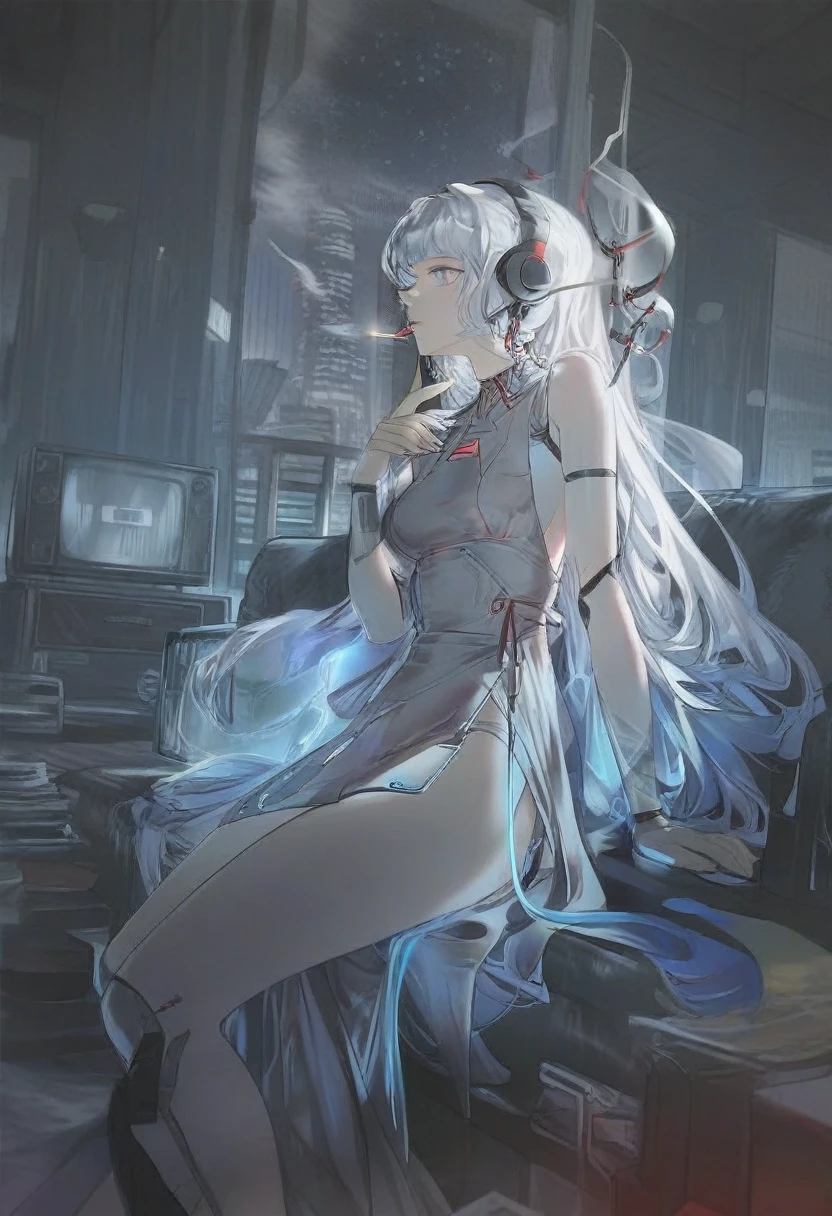 detailed, aesthetic, beautiful, beautiful color, amazing quality, best quality, living room, tv, sitting, couch, neo lights, sci-fi, night, 1girl, white hair, blue eyes, translucent dress, solo, long hair, smoking 