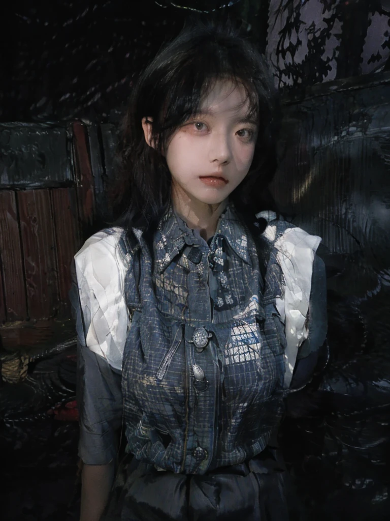 (Front focus), (in the darkness:1.6), Surreal female portrait, Fantasy Art, Photo-realistic, Dynamic Lighting, Art Station, poster, Volumetric Lighting, Very detailed face, 4K, The award-winning, 1 Girl, in the darkness, Low profile, Cowboy shooting, (Official uniform:1.4), Long hair, Brown hair