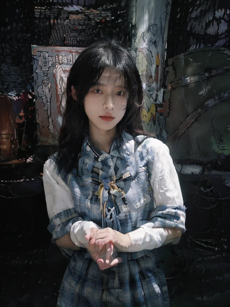 (Front focus), (in the darkness:1.6), Surreal female portrait, Fantasy Art, Photo-realistic, Dynamic Lighting, Art Station, poster, Volumetric Lighting, Very detailed face, 4K, The award-winning, 1 Girl, in the darkness, Low profile, Cowboy shooting, (Official uniform:1.4), Long hair, Brown hair