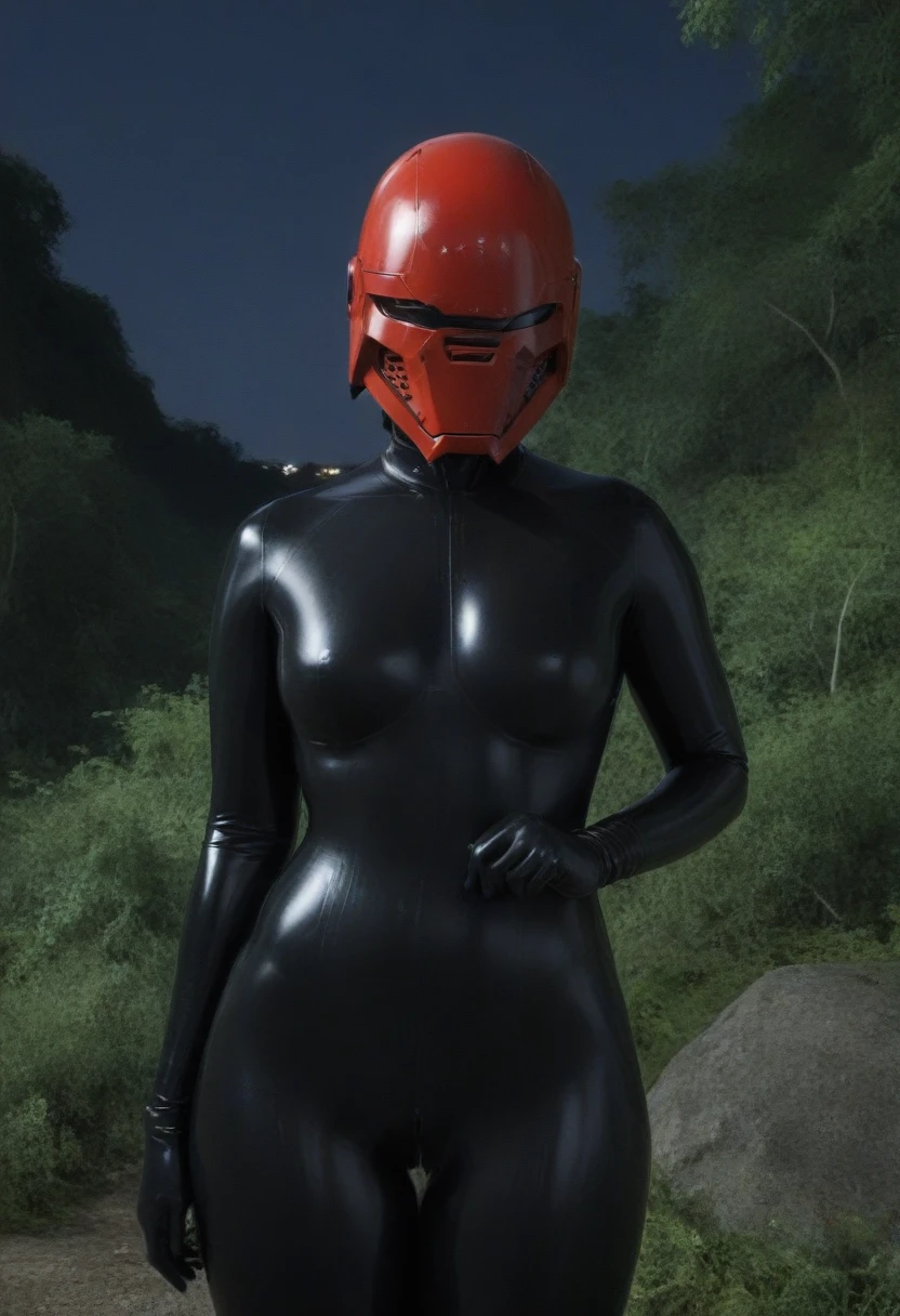zPDXL, source_anime, BREAK Trilla, helmet with red visor, , armor,black gloves,tight bodysuit,,black pants, BREAK close-up, solo, standing, front view, medium breasts, , wide hips, BREAK x3dce, 3d, jungle background, dense vegetation, rain, night, night sky,