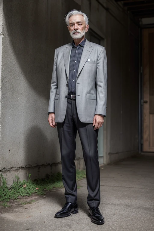 a man with gray hair in black shoes, slim, 7kg, 65 years old, farmer, well dressed