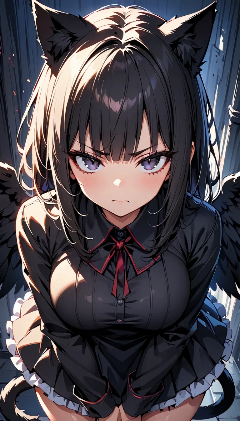 (high quality, 8k, 4K, high contrast, artwork:1.2, high quality, best aesthetics), (dynamic angle), ((1 woman)), erotic, sensual, mature body, super detailed, beautiful face detailed, beautiful eyes detailed, detailed beautiful mouth, perfect breasts, wide thighs, sexy body, (long straight black hair), (black eyes), (black lipstick), (black eyeliner), (black eyeshadow), (serious expression), (penetrating gaze), (black angel wings), (black cat ears), (black cat tail), (short black dress with short ruffled skirt and long sleeves), (centered), (looking at viewer), (standing)