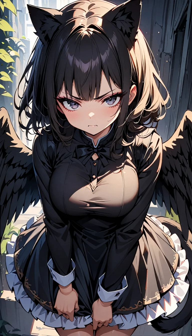 (high quality, 8k, 4K, high contrast, artwork:1.2, high quality, best aesthetics), (dynamic angle), ((1 woman)), erotic, sensual, mature body, super detailed, beautiful face detailed, beautiful eyes detailed, detailed beautiful mouth, perfect breasts, wide thighs, sexy body, (long straight black hair), (black eyes), (black lipstick), (black eyeliner), (black eyeshadow), (serious expression), (penetrating gaze), (black angel wings), (black cat ears), (black cat tail), (short black dress with short ruffled skirt and long sleeves), (centered), (looking at viewer), (standing)