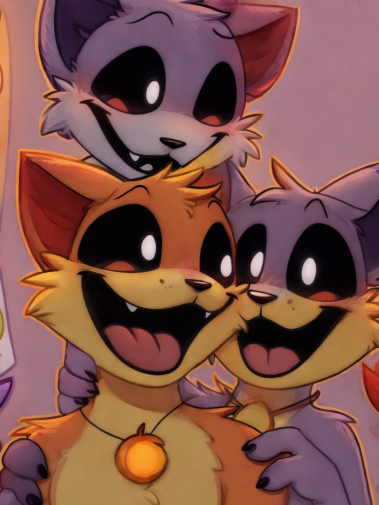 purple fur, smile, opened mouth, black eyes with White pupils, black eyes, black mouth, (yellow crescent-shaped necklace), long cat tail, Catnap, BREAK necklace with sun-shaped pendant, black mouth, black eyes, black eyes with white pupils, smile, Orange fur, Golden fur, Gold fur BREAK duo, DUO, (duo) gay sex, anal, dogday penetrating catnap