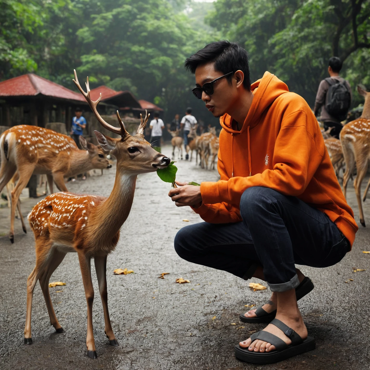 Realistic photo, looks like a 27 year old Indonesian man, thin body, very short hair, wearing an orange hoodie, wearing sunglasses, wearing long black jeans, wearing blue flip-flops,It looks like he is feeding the deer with a leaf , looks different. various kinds of animals, you can see people walking around, like during the day at the zoo