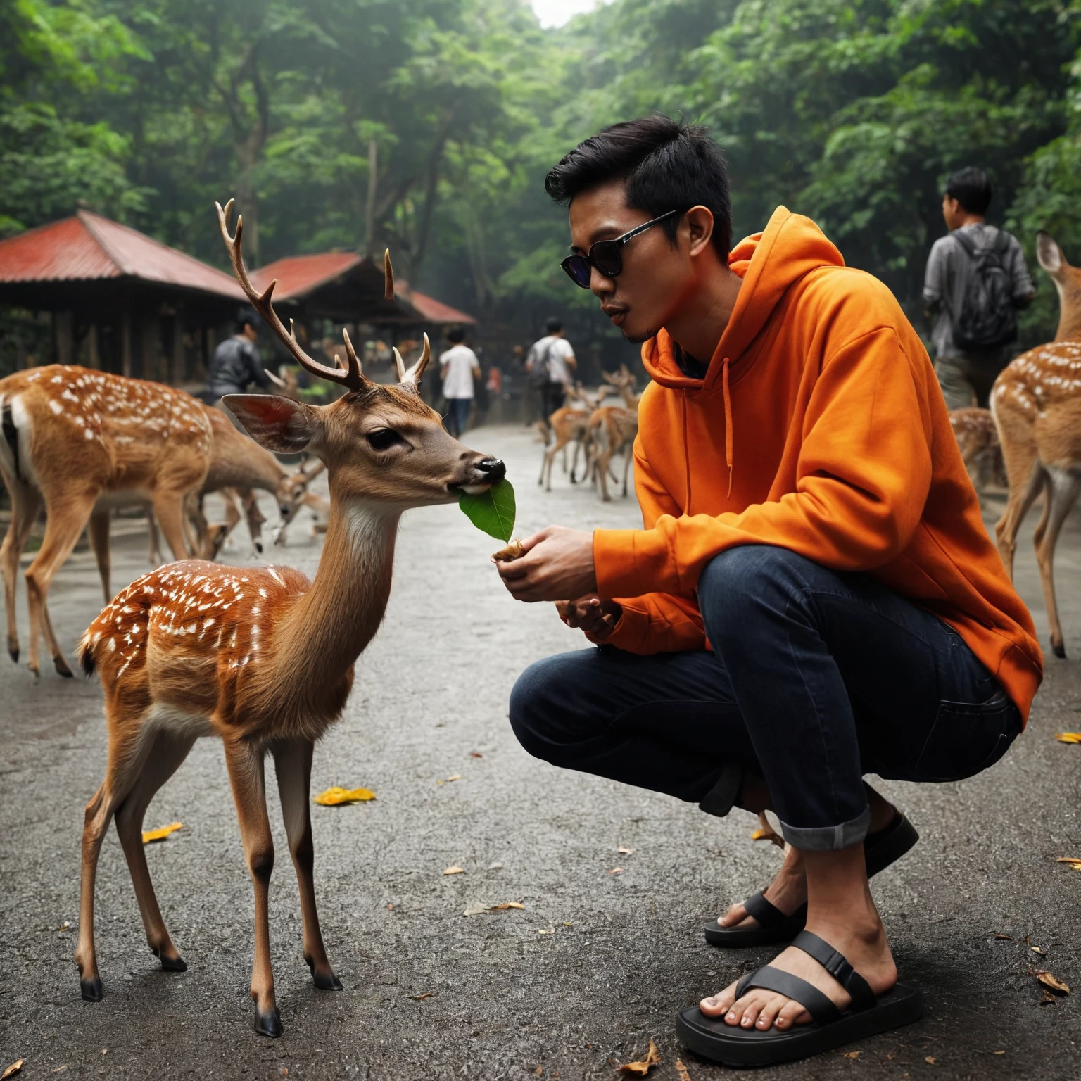 Realistic photo, looks like a 27 year old Indonesian man, thin body, very short hair, wearing an orange hoodie, wearing sunglasses, wearing long black jeans, wearing blue flip-flops,It looks like he is feeding the deer with a leaf , looks different. various kinds of animals, you can see people walking around, like during the day at the zoo