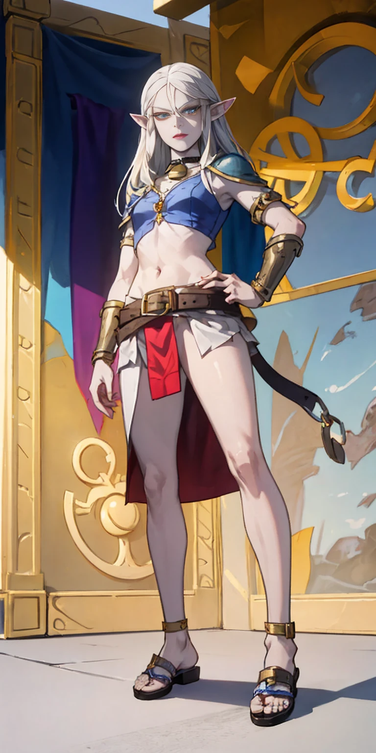 female drow elf blue pale skin full body whole body 1sologirl loincloth standing warrior proud expression, hands on hips, loincloth standing, hands on hips, metal sandals, leather choker with golden bell bellybutton navel, leather corset, big belt, view from below, feet together, bracers, tiara