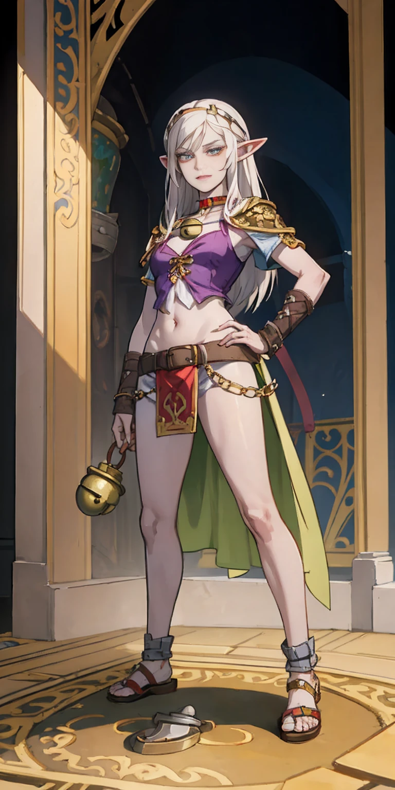 female drow elf blue pale skin full body whole body 1sologirl loincloth standing warrior proud expression, hands on hips, loincloth standing, hands on hips, metal sandals, leather choker with golden bell bellybutton navel, leather corset, big belt, view from below, feet together, bracers, tiara