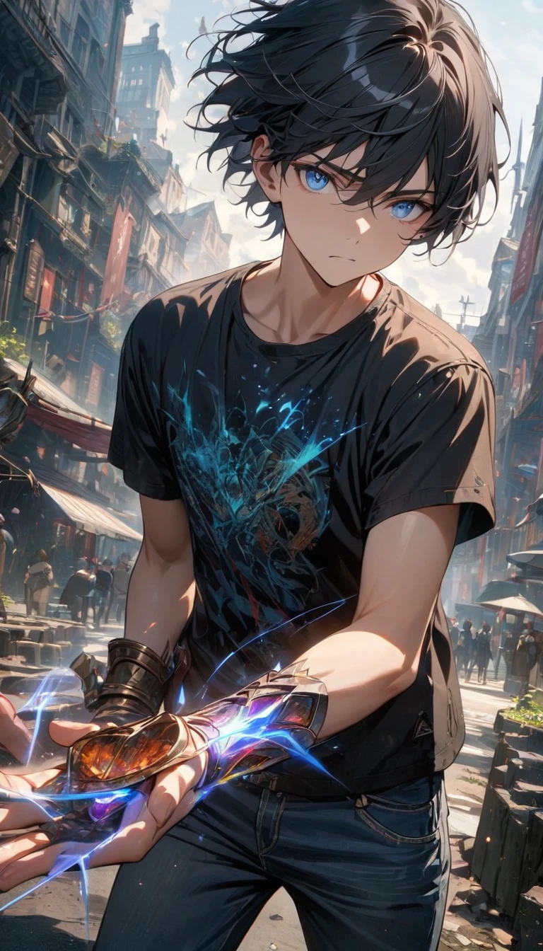 Young guy, black hair, blue eyes, shirt, short sleeves, jeans, magic around, one magic gauntlet, Masterpiece, best quality, Full HD, 8k, ultra details, great graphic