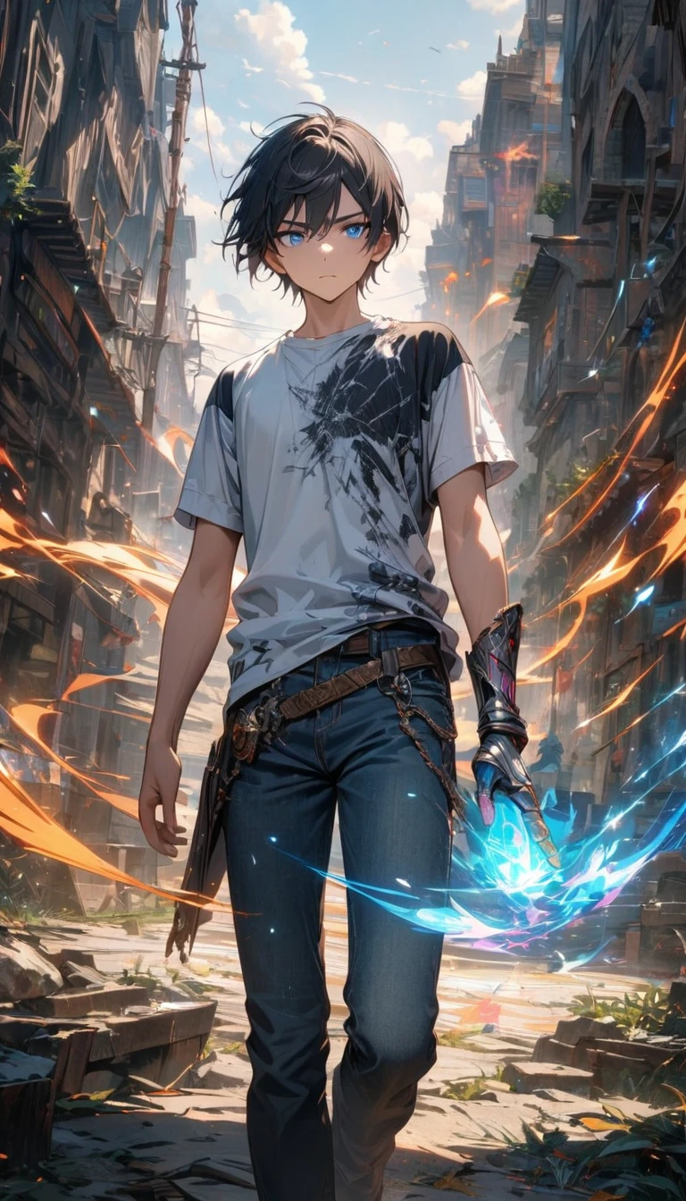 Young guy, black hair, blue eyes, shirt, short sleeves, jeans, magic around, one magic gauntlet, Masterpiece, best quality, Full HD, 8k, ultra details, great graphic