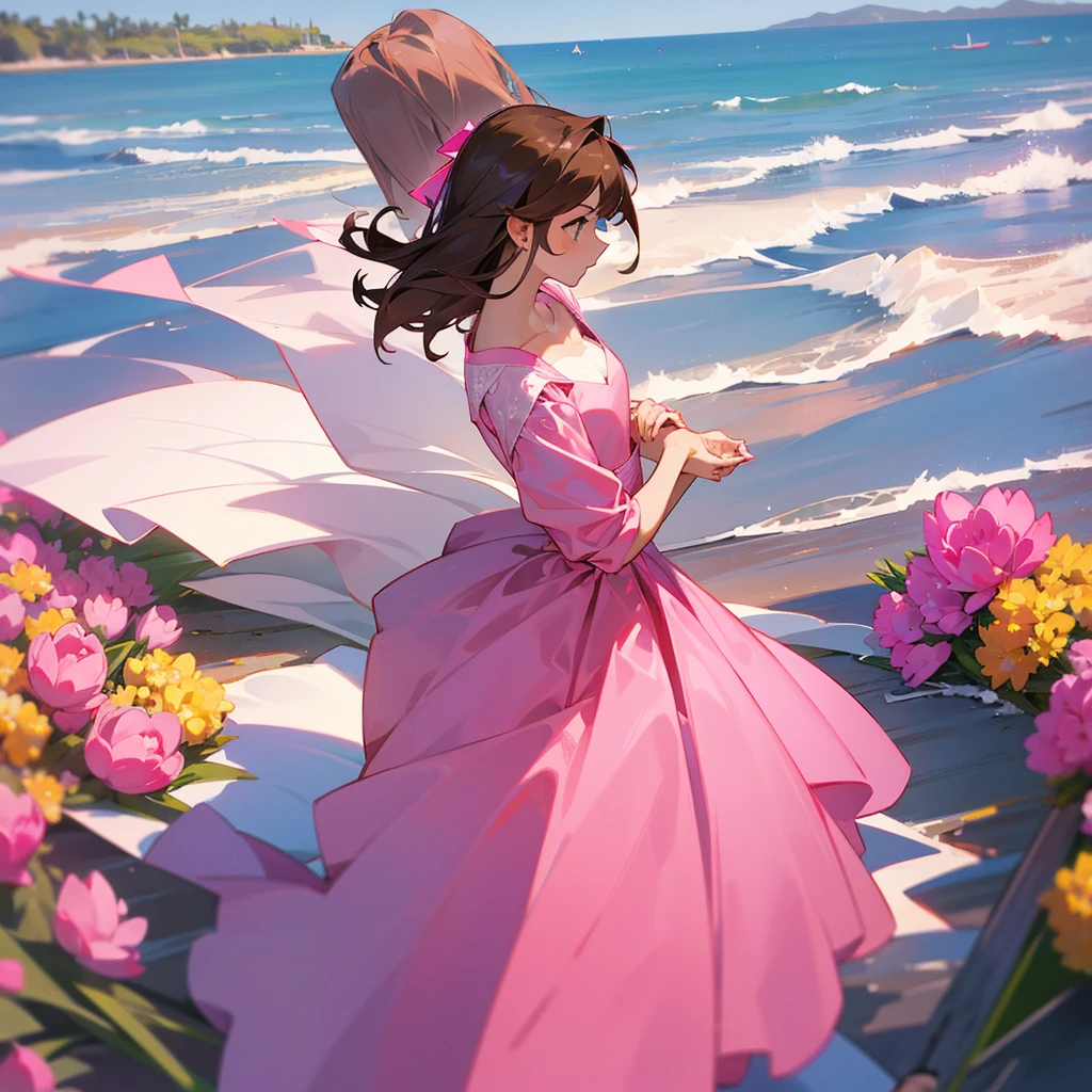 Create a profile picture of a Young Women wearing a pink beach dress she is holding a pink tulips with her both hands and her hair is brown and the background is beach theme wedding she is a bridesmaid
