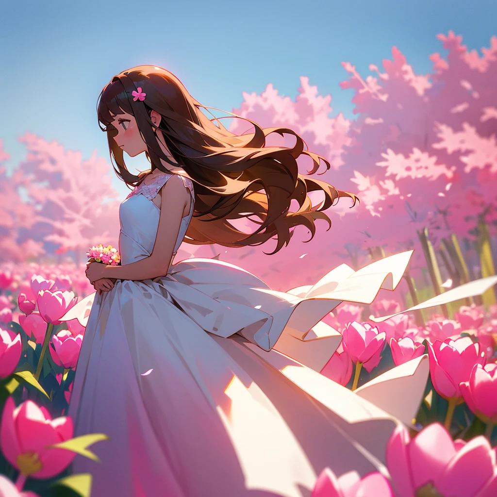 Create a profile picture of a Young Women wearing a pink beach dress she is holding a pink tulips with her both hands and her hair is brown and the background is beach theme wedding she is a bridesmaid