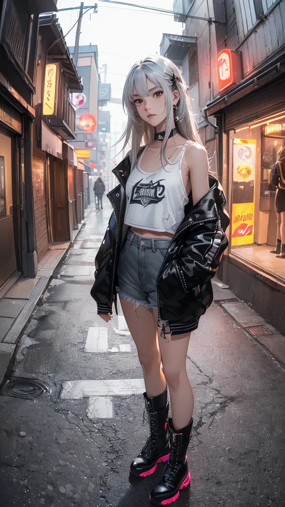 (((8k wallpaper of extremely detailed CG unit:1.2, masterpiece, hight resolution:1.2, top-quality:1.2, masutepiece))), ((a very beautiful woman, Hands in pockets:1.8, Street fashion:1.2, wearing a colorful jacket:1.2, Wearing boots)), ((extra detailed face, Highly detailed black eyes, extra detailed body, Top quality real texture skins)), (Silver straight hair:1.2, de pele branca, Small, exposed shoulder), ((Empty alley, Mileland. natta, Neon Street)), (high-angle, a closeup, Fisheye), hyper realisitic, digitial painting,