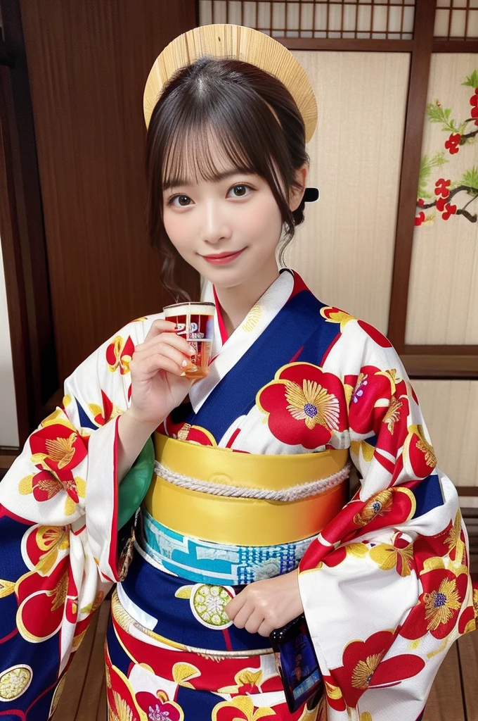 there is a woman beer in hand glass in her hand, classy yukata, Beer Advertising, yukata, In kimono, wearing a haori, Japan in the 1990s, Japanese Kimono, liquor, beer in hand!!, Japanese women, Japanese Model, Japanese style, Have a beer, Yasumoto Oka, In kimono, eiko ishioka