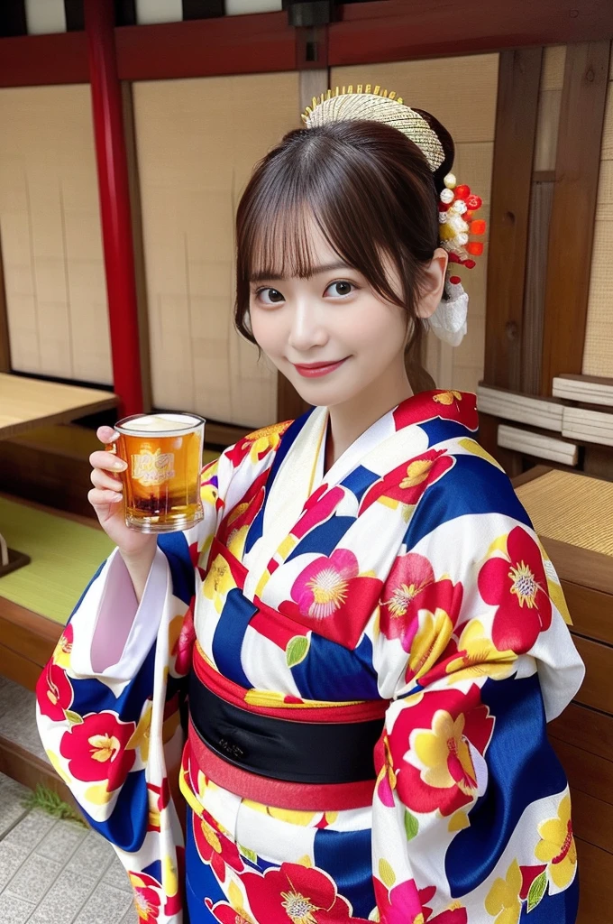 there is a woman beer in hand glass in her hand, classy yukata, Beer Advertising, yukata, In kimono, wearing a haori, Japan in the 1990s, Japanese Kimono, liquor, beer in hand!!, Japanese women, Japanese Model, Japanese style, Have a beer, Yasumoto Oka, In kimono, eiko ishioka