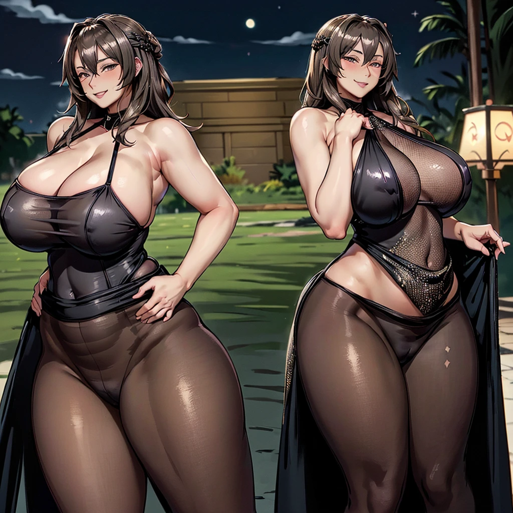 masterpiece, best quality, extremely detailed, 1girl, milf, solo, ho'olheyak (arknights), (huge breasts:1.8), snake eyes, parted lips, (((evening gown, halter dress, pantyhose))), ((light smile), closed mouth), ((hands on own hips, hotel)) 