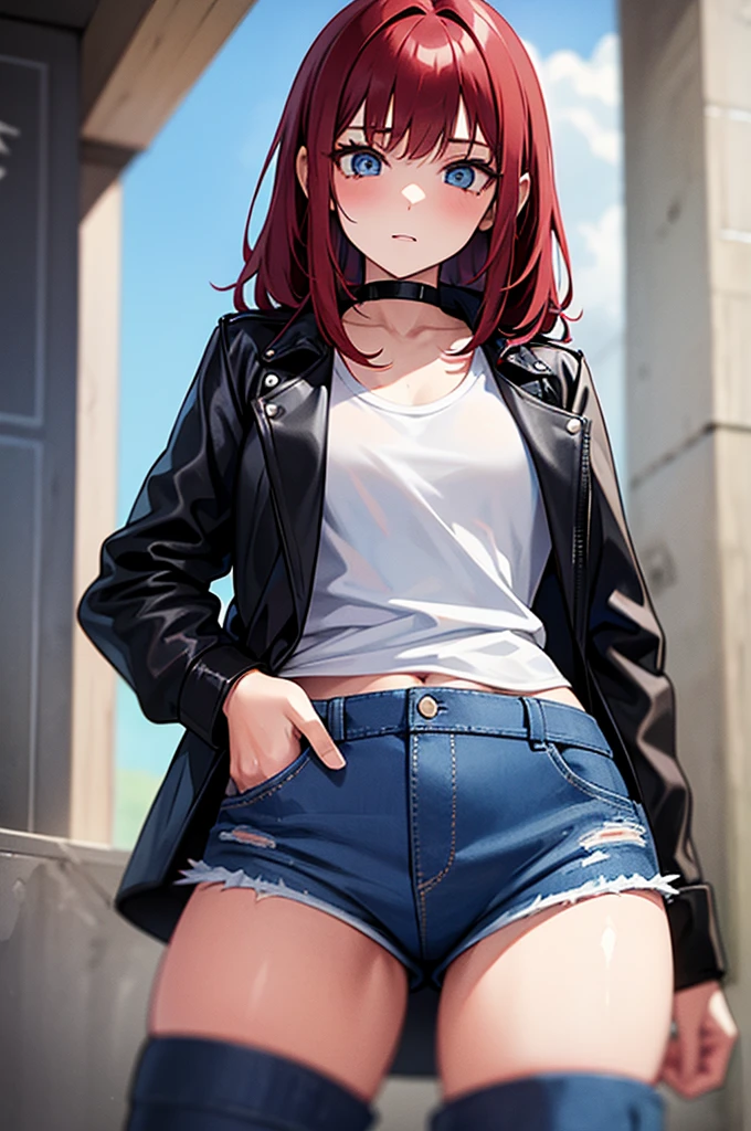 two girls, a young sexy red-haired girl with blue eyes wearing a black leather jacket and a short white shirt with short blue denim shorts, with your daughter pequeña, with your daughter, pequeña, Little girlLittle girl, pequeña gris con cabello largo de ojos azules camisa corta de color blanco, strong blue jeans