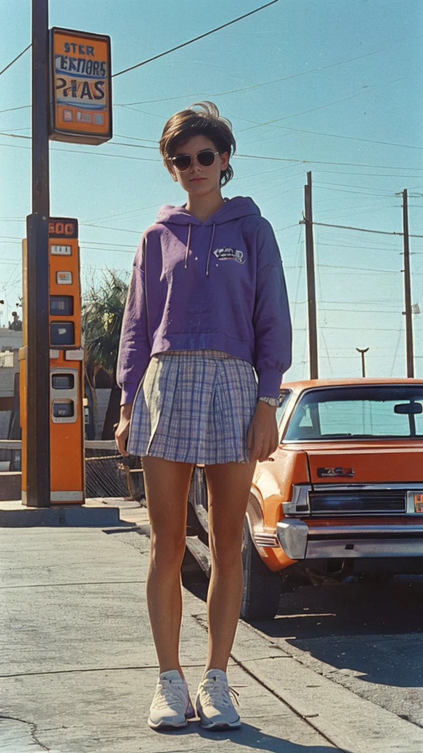 ultra detail, 8k portrait ((long shot full body photography)) ((best quality)), ((masterpiece)), (detailed), perfect beautiful face ,25 yo beautiful women  ((orange color oversized hoodie)), wear ((purple tennis skirt)), (perfect breast) perfect face, perfectly eyes, perfect lips, black bob hairstyles ,found footage, retro, 90's, old photo, photo noise, old photo, retro, masterpiece, raw photo, film photo, old, noisy photo, in front of the camera, casual photo, grain photo, in front of the camera, VHS footage, VHS look, chromatic aberration( low chromatic aberration), film footage, grainy photo, dirty photo, posing, retro photo, vintage photo, old, 90's, ((background at old 80's gas station California)),palm trees, blue sky, summer, los angles vibes, film by ((Wes Anderson style effect color)), 800mm lens,style of Philip Lorca diCorcia