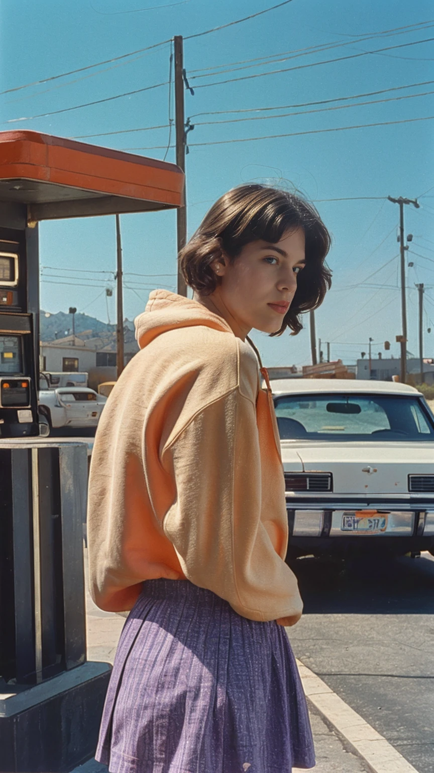 ultra detail, 8k portrait ((long shot full body photography)) ((best quality)), ((masterpiece)), (detailed), perfect beautiful face ,25 yo beautiful women ((orange color oversized hoodie)), wear ((purple tennis skirt)), (perfect breast) perfect face, perfectly eyes, perfect lips, black bob hairstyles ,found footage, retro, 90's, old photo, photo noise, old photo, retro, masterpiece, raw photo, film photo, old, noisy photo, in front of the camera, casual photo, grain photo, in front of the camera, VHS footage, VHS look, chromatic aberration( low chromatic aberration), film footage, grainy photo, dirty photo, posing, retro photo, vintage photo, old, 90's, ((background at old 80's gas station California)),palm trees, blue sky, summer, los angles vibes, film by ((Wes Anderson style effect color)), 800mm lens,style of Philip Lorca diCorcia